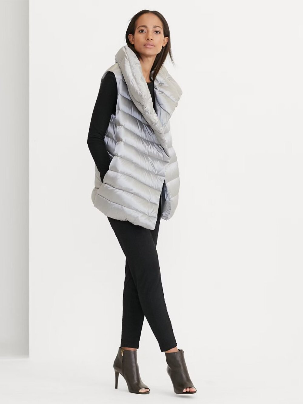 Lauren Ralph Lauren Silver Gray 750 Fill Down Asymmetrical Puffer Vest L